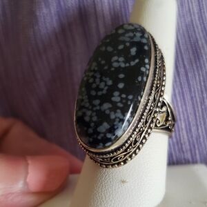 Snowflake Obsidian & Silver Handmade Ring W/ Large Polished Stone, Antique Style